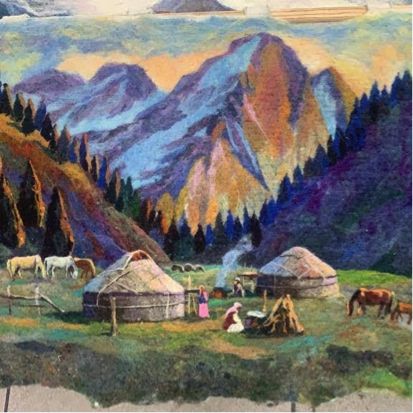 Kyrgyz ladscape with yurts and mountains